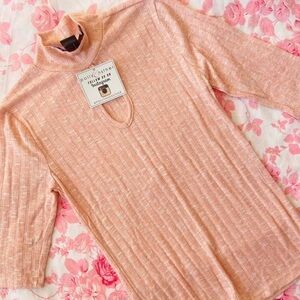 Polly & Esther High Neck Short Half Sleeve Sweater Shirt Keyhole Cut Out